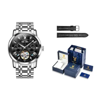Playboy, Roman Collection Mechanical Movement Stainless Steel Watchband Watch Men's Watches Black Dial