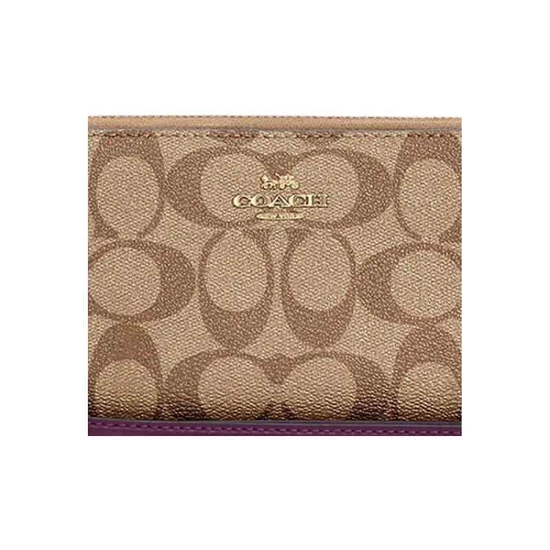 COACH Zip Around Signature Coated Canvas With Smooth Leather Coin Purse Wrist Bag Clutch Wallet Women's Brown-2