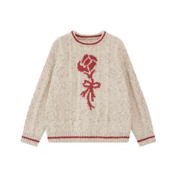 WULISHAONIAN Sweater Unisex Beige Red Floral