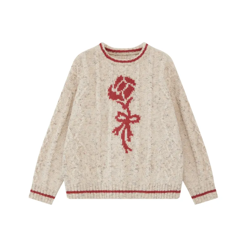 WULISHAONIAN Sweater Unisex Beige Red Floral-0