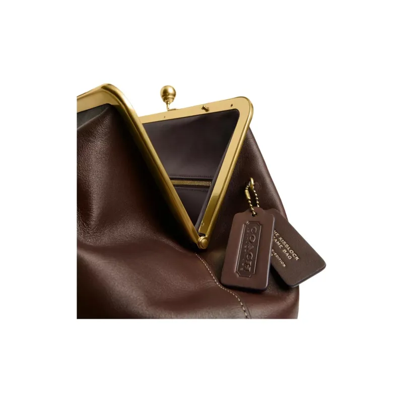 COACH Kisslock Leather Clutch Handbag Large Size Women's Dark Brown-5