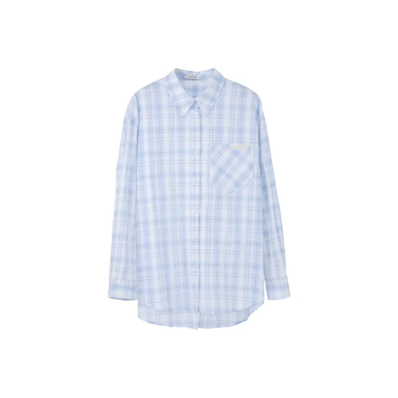 Fstudio Korean Style Commute 100% Cotton Thin Plaid Long Sleeved Shirt Women's-5