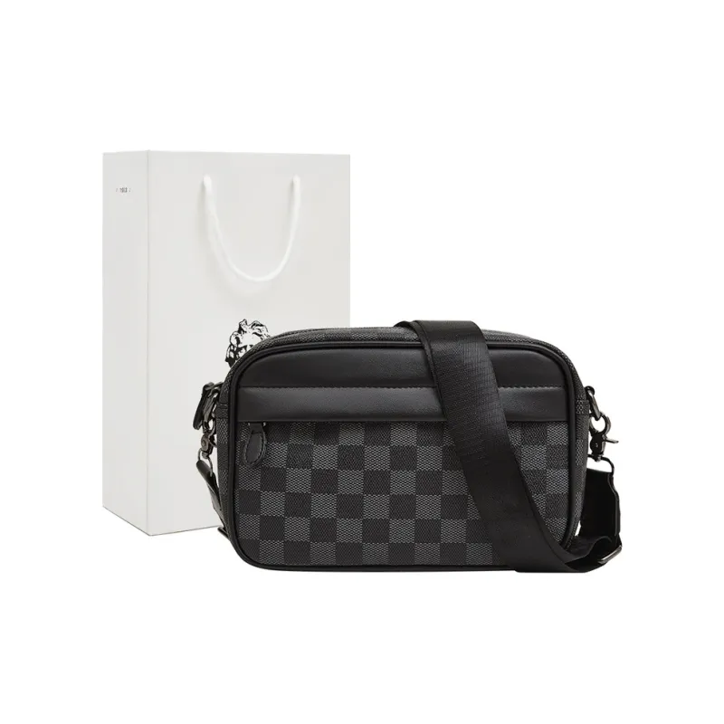 Old Man's Head Synthetic Leather Crossbody Bags Men's Black/Black Checkerboard/Black Pattern-5