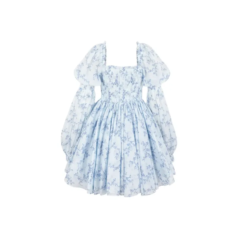 Selkie Collection Long Sleeved Dress Women's Light Blue With Bud Thorn Print-1