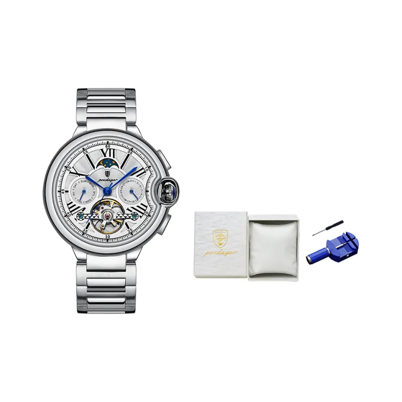 POEDAGAR Mechanical Movement Stainless Steel Watchband Men's Watches White Dial-1