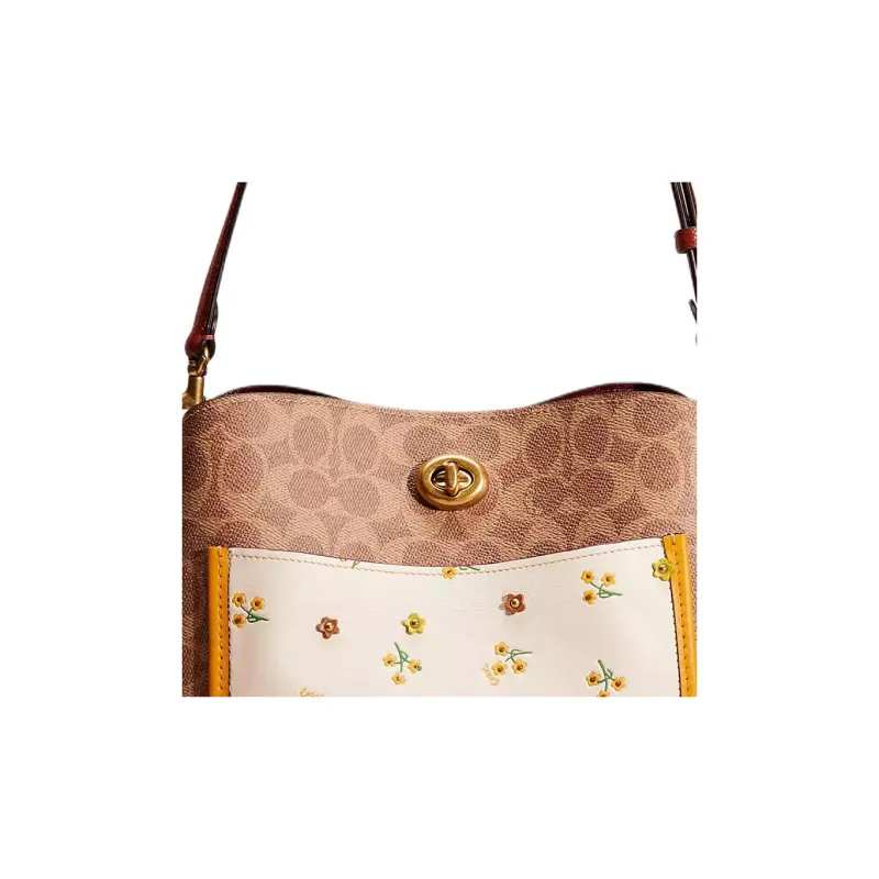 COACH Willow Pebbled Leather Bucket Bag, Crossbody Bag Large Size Women's Monogram Brown-3
