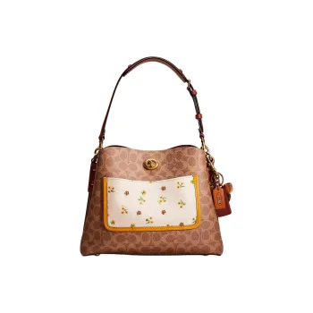 COACH Willow Pebbled Leather Bucket Bag, Crossbody Bag Large Size Women's Monogram Brown