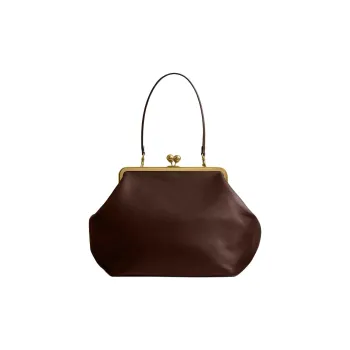 COACH Kisslock Leather Clutch Handbag Large Size Women's Dark Brown