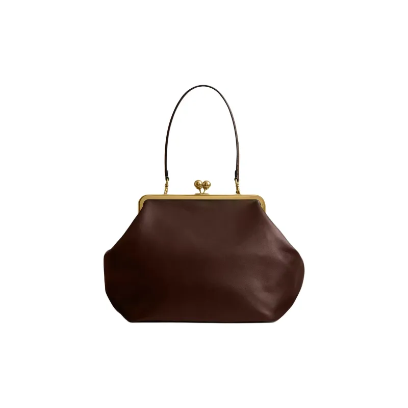 COACH Kisslock Leather Clutch Handbag Large Size Women's Dark Brown-0