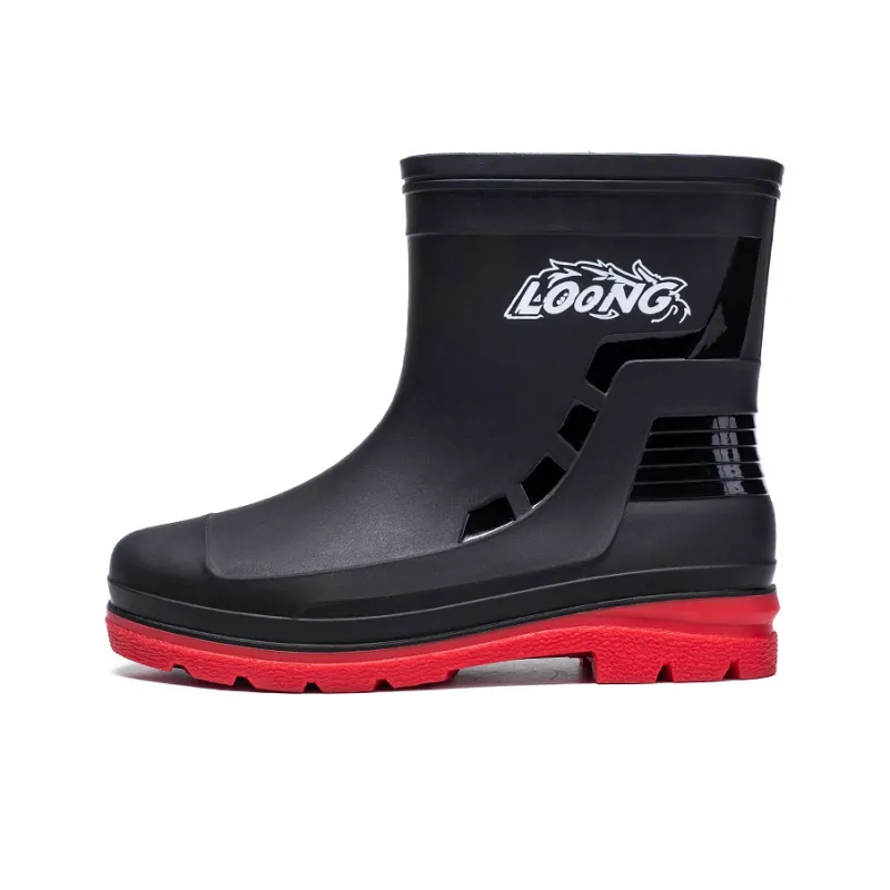 LONGYING Rain Boots Men Black/Black Red-5
