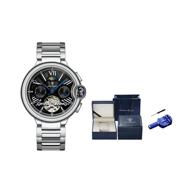 POEDAGAR Mechanical Movement Stainless Steel Watchband Men's Watches White Dial-15