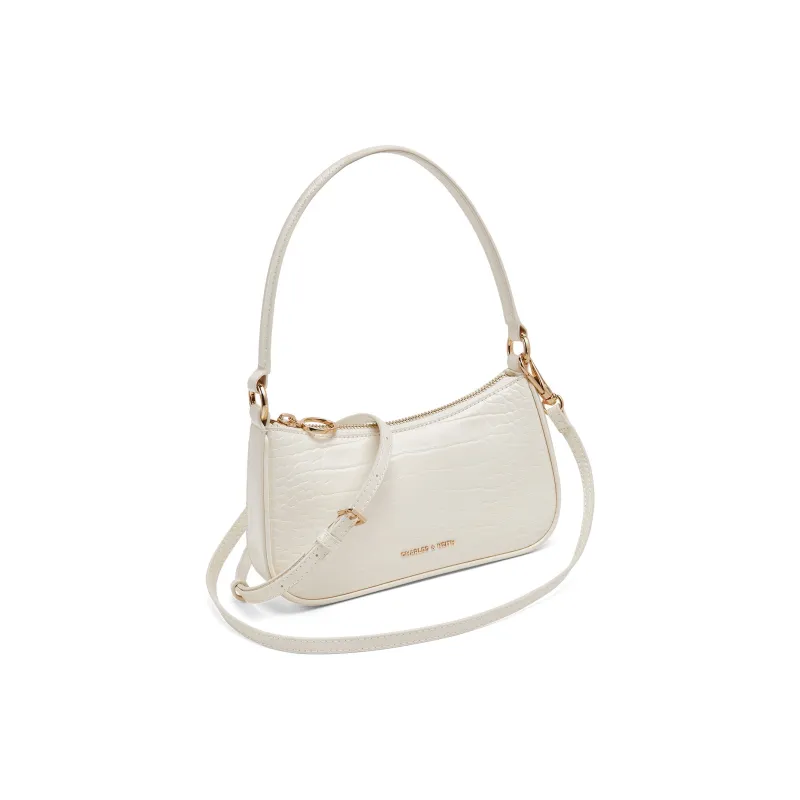 CHARLES&KEITH PU One Shoulder Handbag Trumpets Women's Cream Croco Cream/Black Croco Black-2