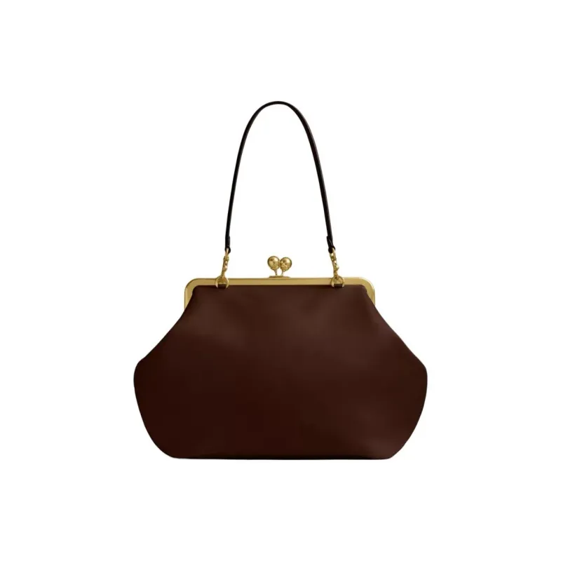 COACH Kisslock Leather Clutch Handbag Large Size Women's Dark Brown-2