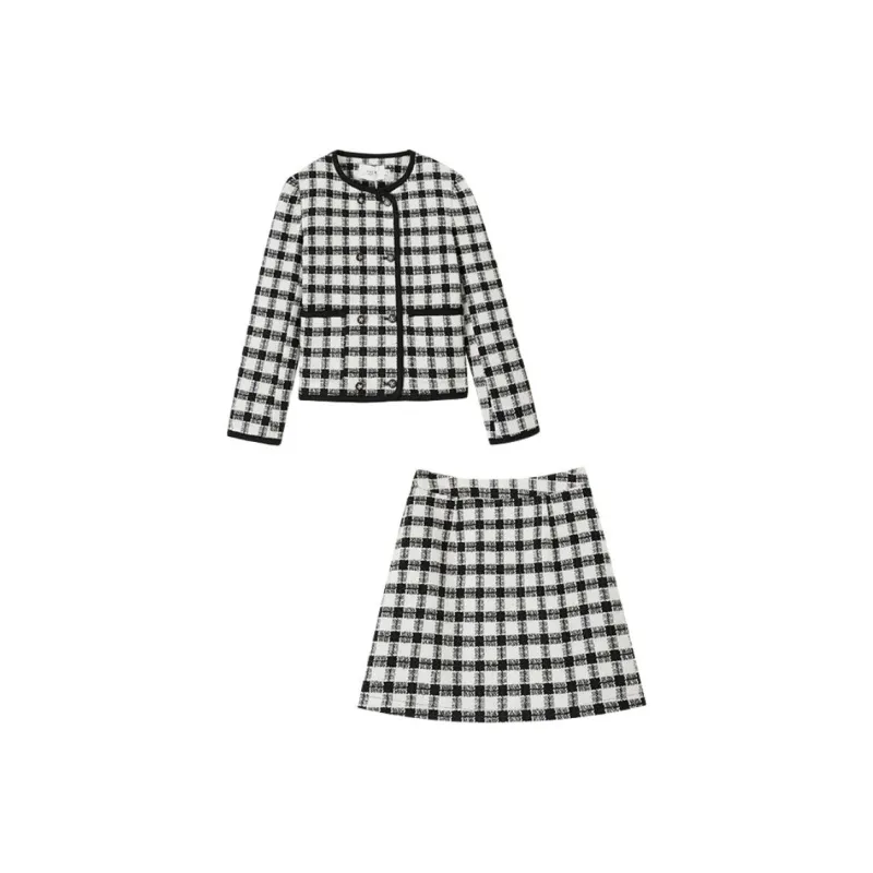 Mo Han Yi Mei Skirt Set Women's Black Beige Plaid-0