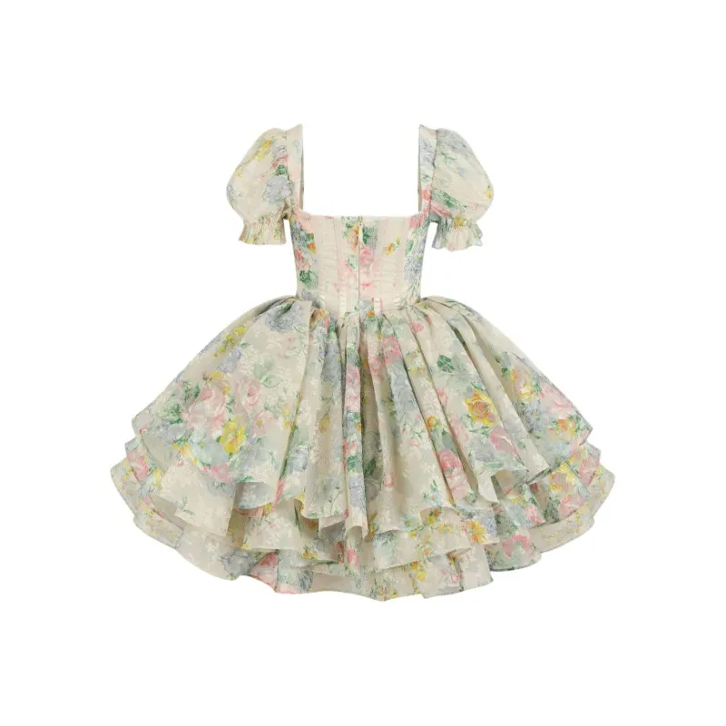 Selkie Collection Short Sleeved Dress Women's Apricot With Tiger Blue Rose Print-1