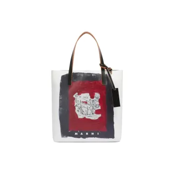 MARNI Tribeca Calfskin Tote Bag, Shopping Bag, Handbag Women's White & Black & Red