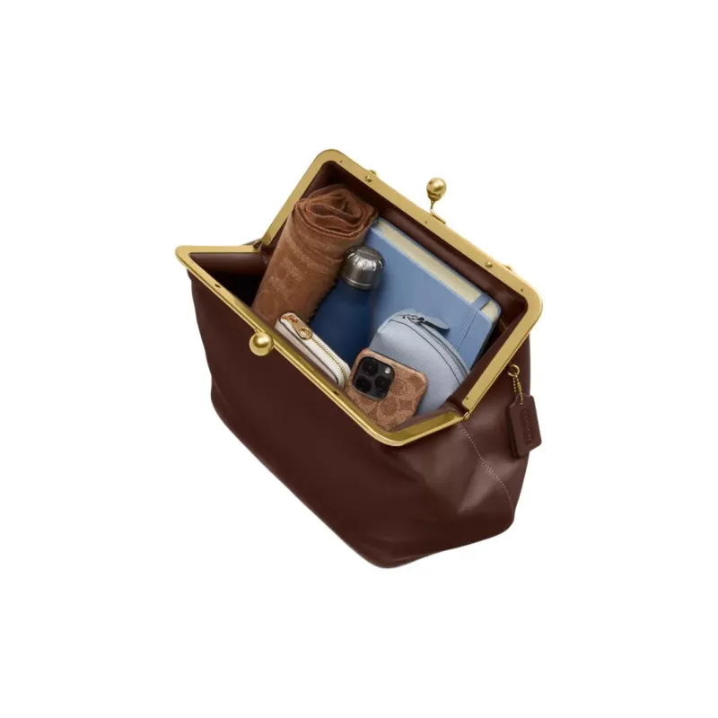 COACH Kisslock Leather Clutch Handbag Large Size Women's Dark Brown-4