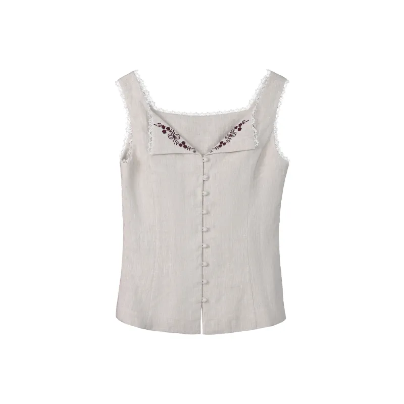 Fstudio Spring Summer Korean Style Petite Design Lapel Embroidery Sleeveless Tank Top Women's Apricot-1