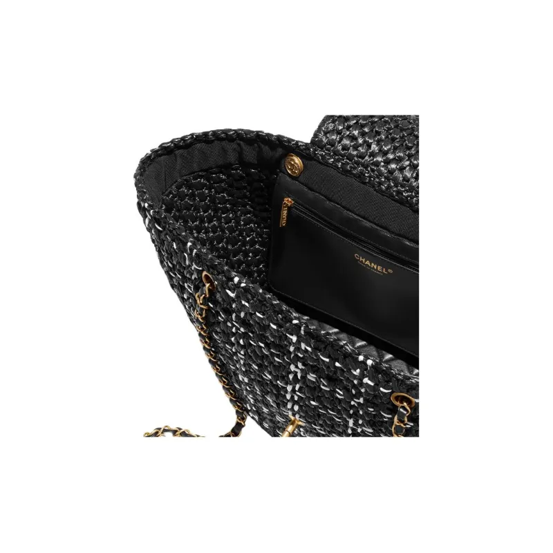 CHANEL Straw Woven With Woolen Basket Bag, Handbag, Shoulder Bag Women's Black-3