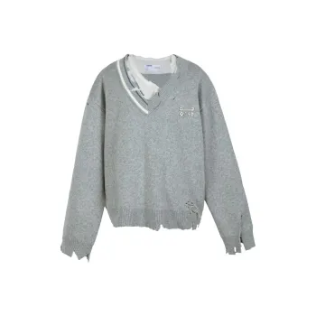 C2H4 Distressed Knit Layered Sweater