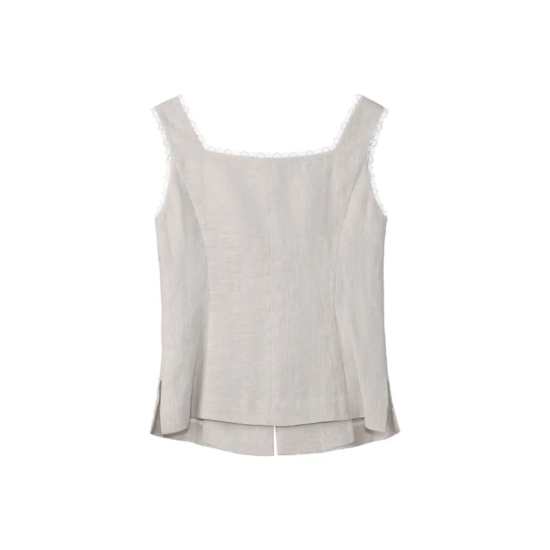 Fstudio Spring Summer Korean Style Petite Design Lapel Embroidery Sleeveless Tank Top Women's Apricot-2