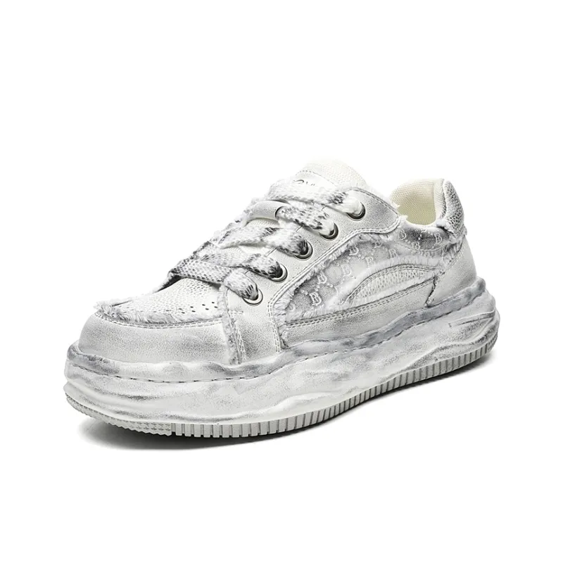 OUBT Niche Distressed Shoes Breathable And Slip Resistant Low Top Skateboard Shoes Men's White Gray-2