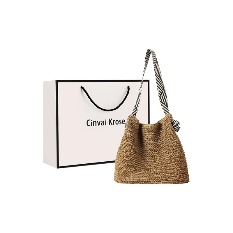 CinvaiKrose Paper Weaving Straw Woven Shoulder Bag, Tote, Portable Tote, Shopping Bag Large Size Women's Multicolor-0