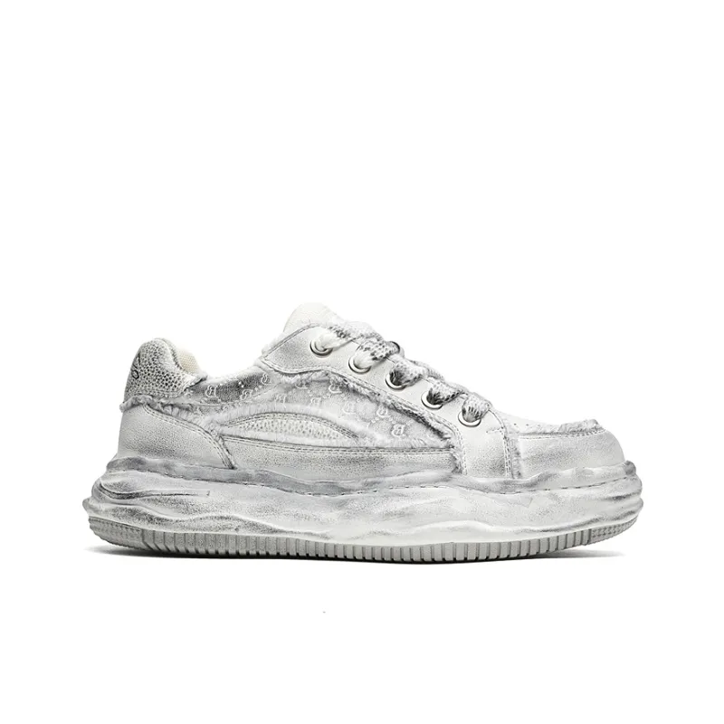 OUBT Niche Distressed Shoes Breathable And Slip Resistant Low Top Skateboard Shoes Men's White Gray-1