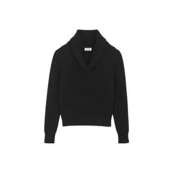 SAINT LAURENT FW23 Men's Shawl Neck Sweater In Ribbed Wool Black