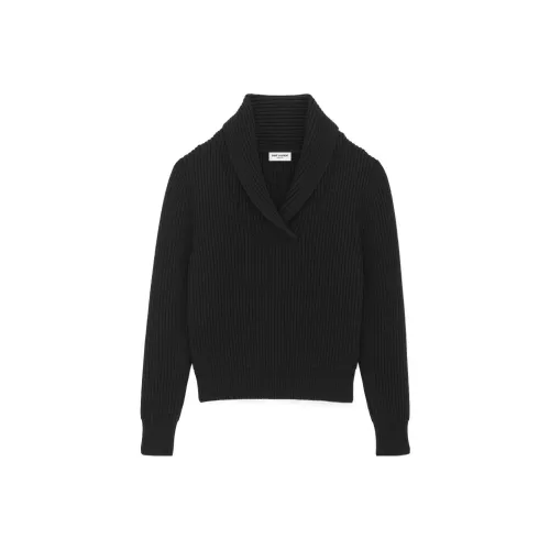 SAINT LAURENT FW23 Men's Shawl Neck Sweater In Ribbed Wool Black