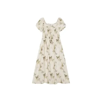 Mo Han Yi Mei Short Sleeved Dress Women's Beige With Green Print
