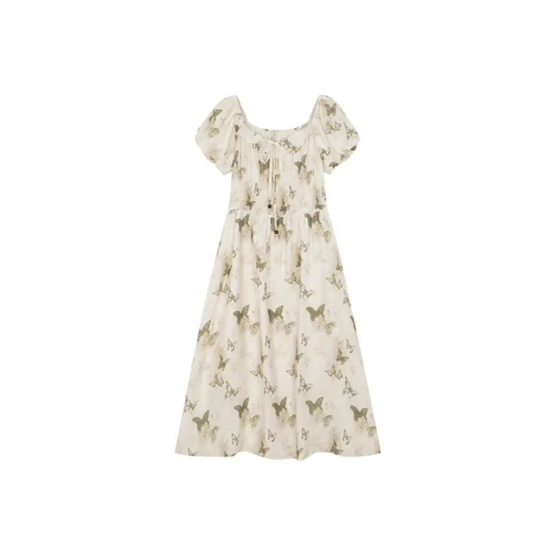 Mo Han Yi Mei Short Sleeved Dress Women's Beige With Green Print-0