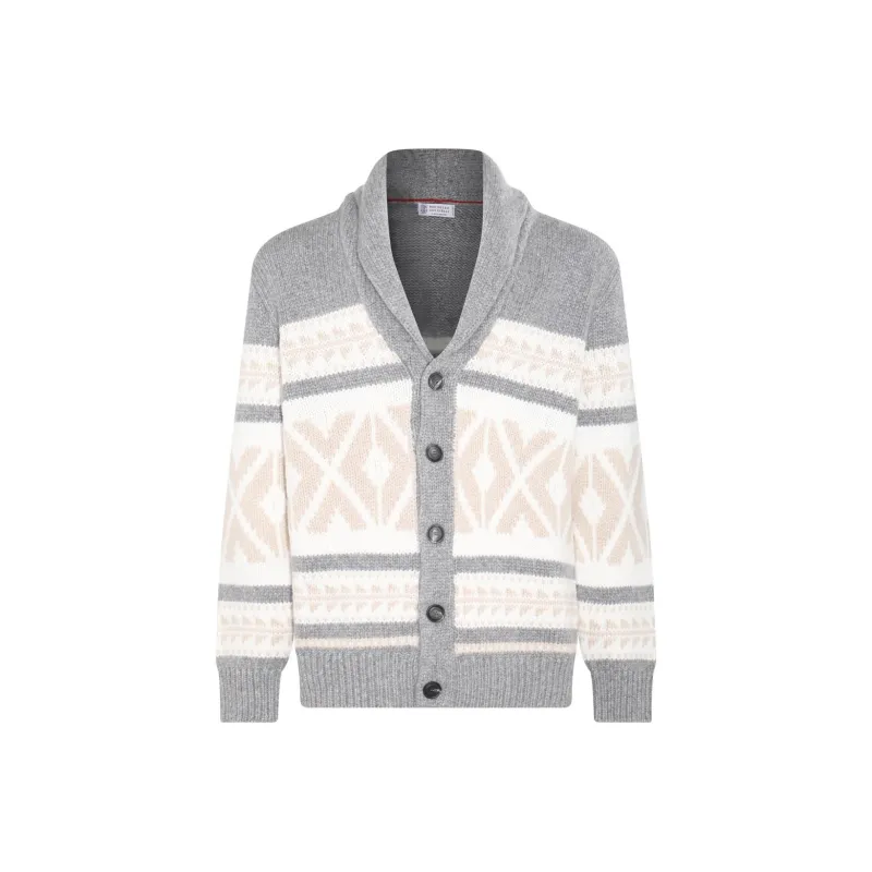 Brunello Cucinelli Pattern-intarsia Knitted Cashmere Cardigan-0