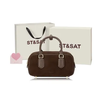 ST&SAT Cow Leather With Synthetic Leather Bowling Bag, Handbag Women's Coffee