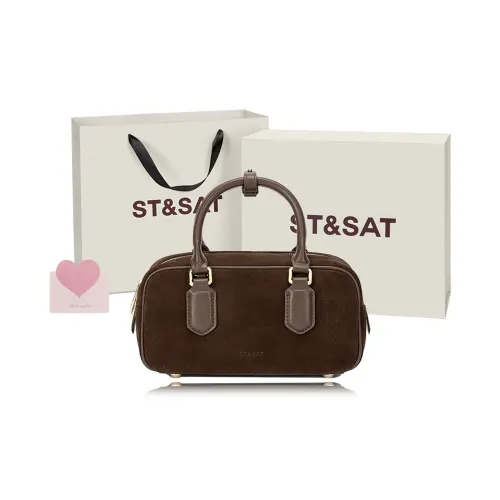 ST&SAT Cow Leather With Synthetic Leather Bowling Bag, Handbag Women's Coffee