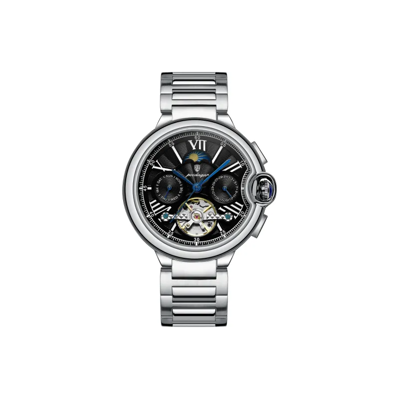 POEDAGAR Mechanical Movement Stainless Steel Watchband Men's Watches White Dial-7