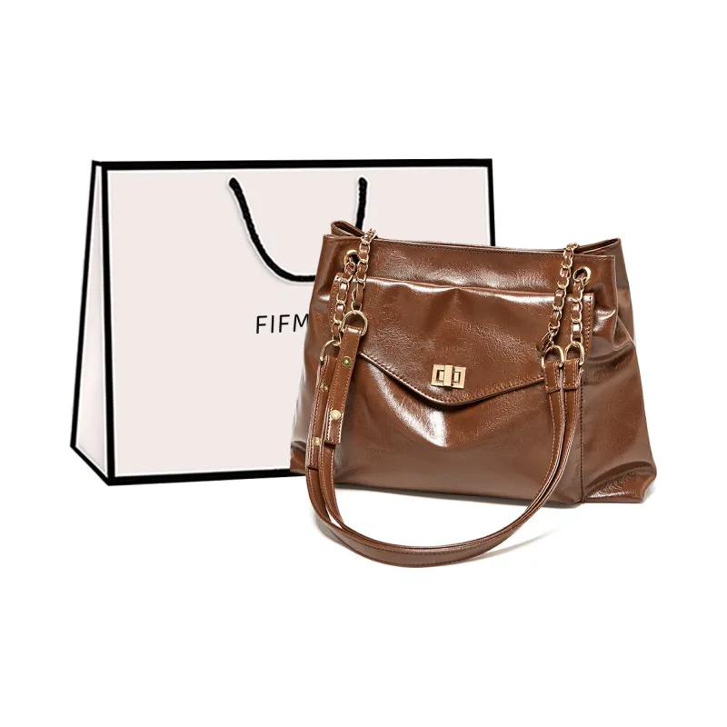 15 MINS Synthetic Leather Shoulder Bag Large Size Women's Green/Black/Brown/Ecru-7
