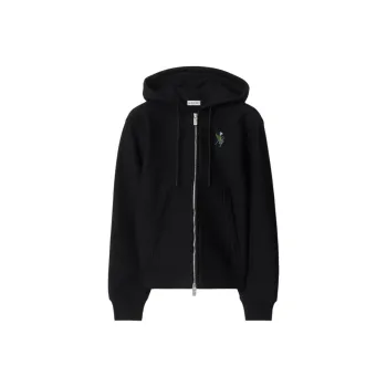 Burberry Logo Embroidered Zip Up Drawstring Hoodie