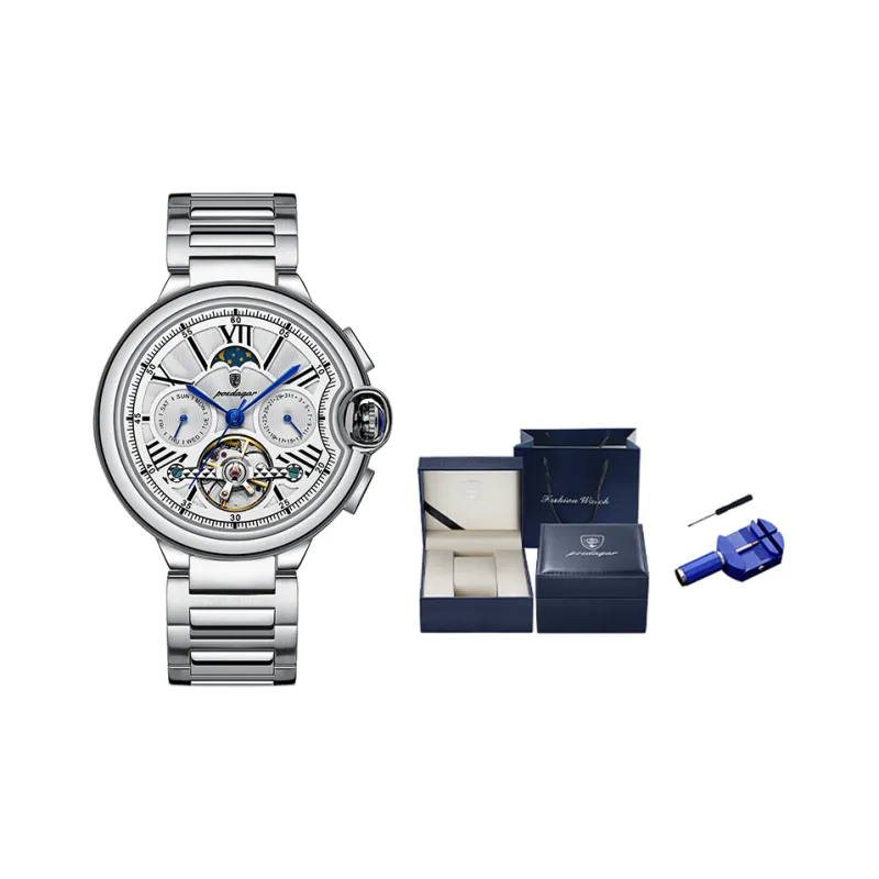 POEDAGAR Mechanical Movement Stainless Steel Watchband Men's Watches White Dial-22