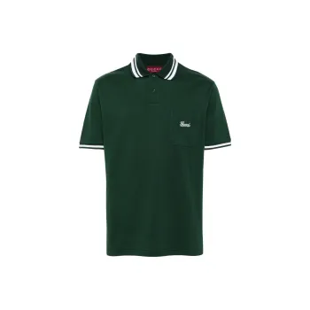 GUCCI Stripe Trim Logo Embroidered Polo Shirt