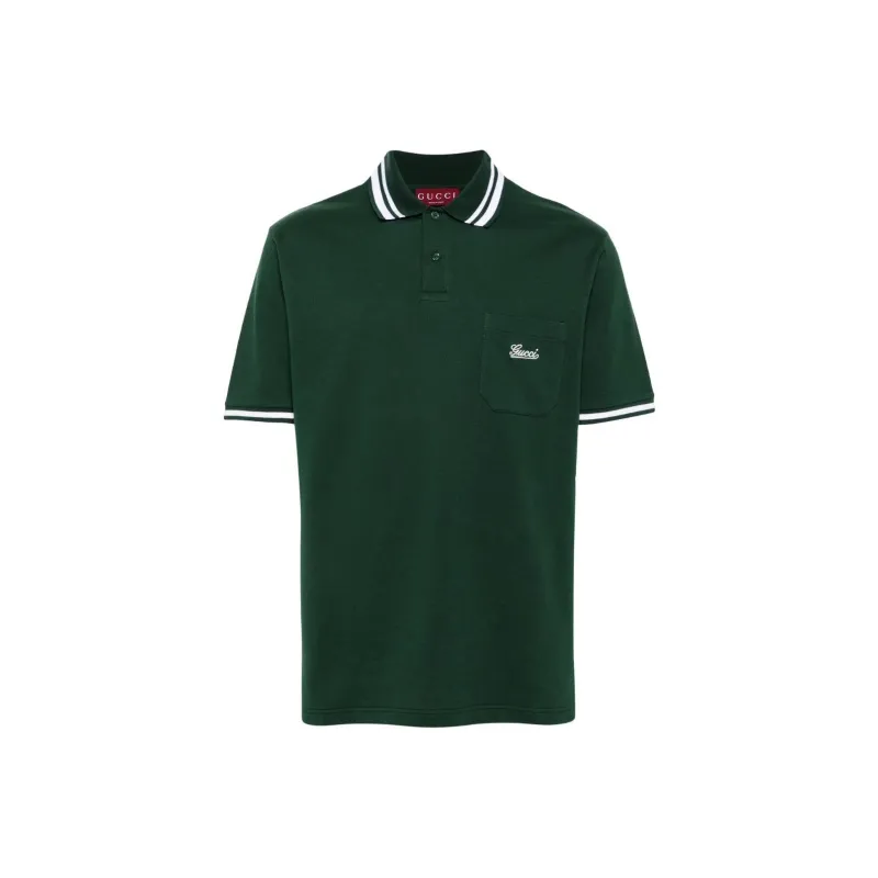 GUCCI Stripe Trim Logo Embroidered Polo Shirt-0