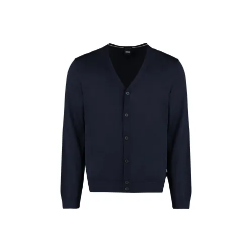 HUGO BOSS Button-Up Cardigan In Virgin Wool With Embroidered Logo Cashmere Pinnacle Men's Dark Blue