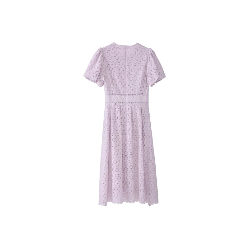 Fstudio Korean Style Crew Neck Embroidery Slimming Short Sleeved Dress Women's Purple-2