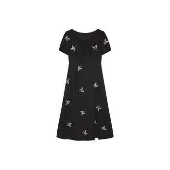 Mo Han Yi Mei Short Sleeved Dresses Women's Black With Purple Floral
