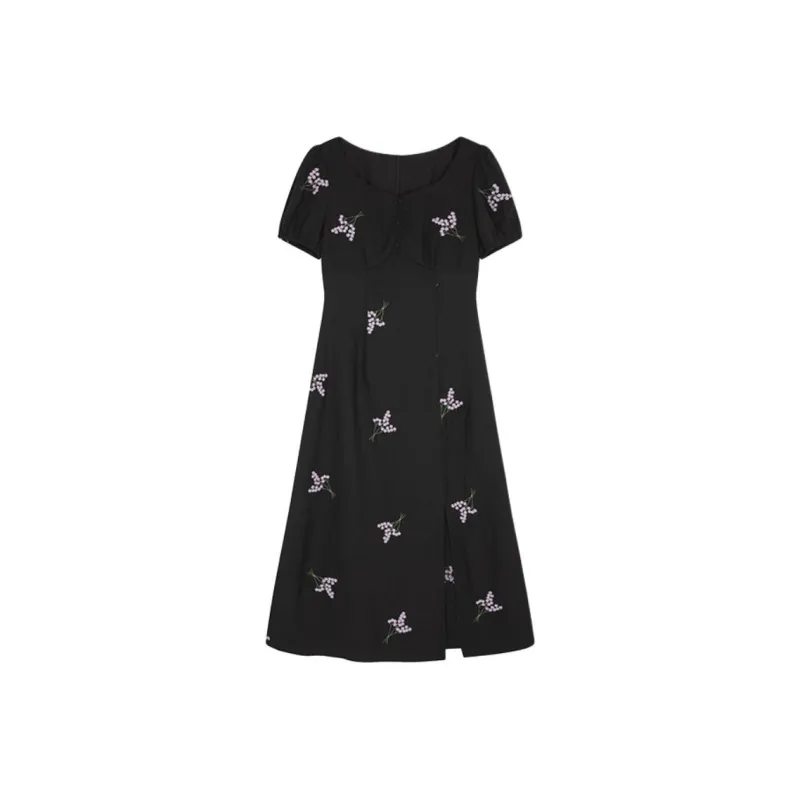 Mo Han Yi Mei Short Sleeved Dresses Women's Black With Purple Floral-0