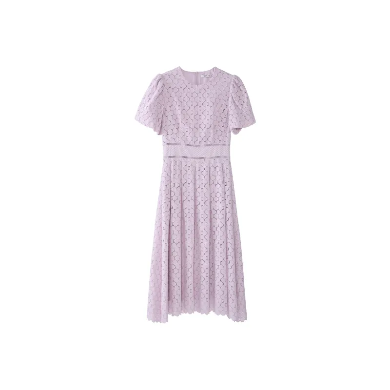 Fstudio Korean Style Crew Neck Embroidery Slimming Short Sleeved Dress Women's Purple-1