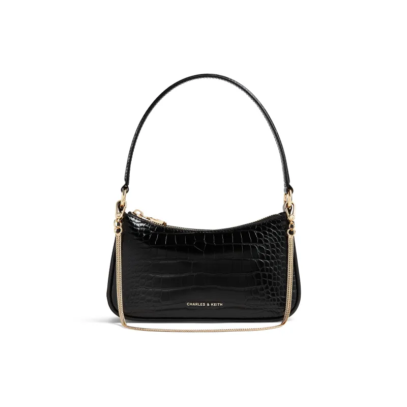 CHARLES&KEITH PU One Shoulder Handbag Trumpets Women's Cream Croco Cream/Black Croco Black-4