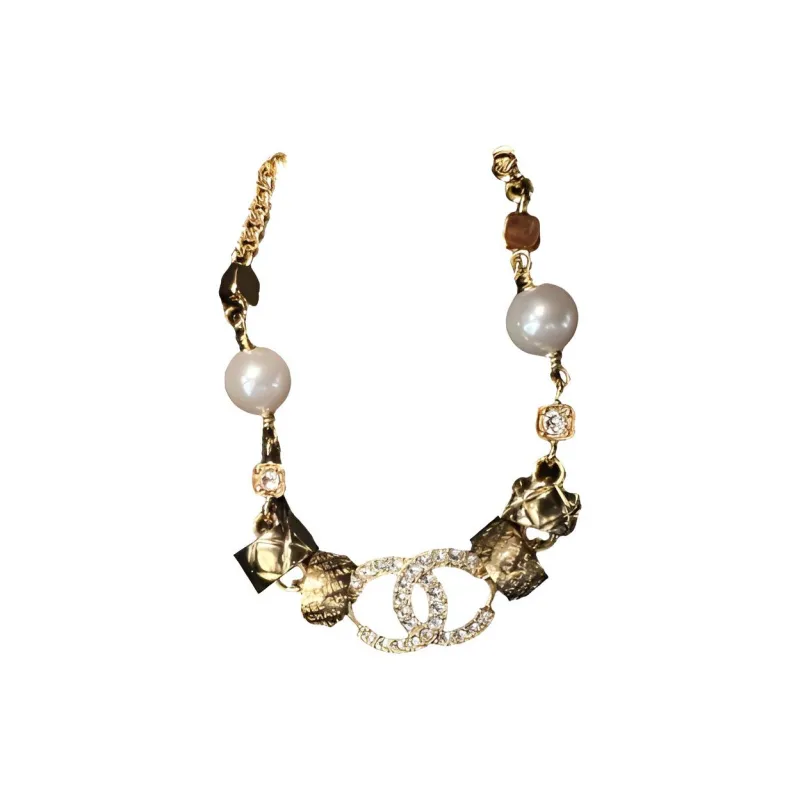 CHANEL Metal Rhinestone Artificial Pearl Necklaces Women's Gold-1