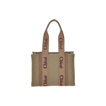 Chloe Woody Linen With Canvas Tote Bag, Shopping Bag, Shoulder Bag Medium Size Women's Dark Khaki