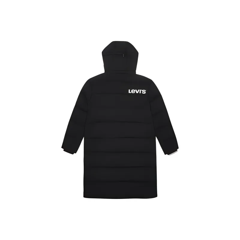 Levis Solid Color Letters Hooded Mid Length Down Jacket Men's Black-1